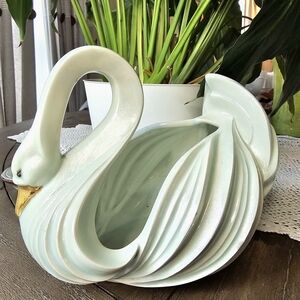 Vintage RFH Iridescent Swan Planter Vase Pastel Green Hand Painted Artist Sign